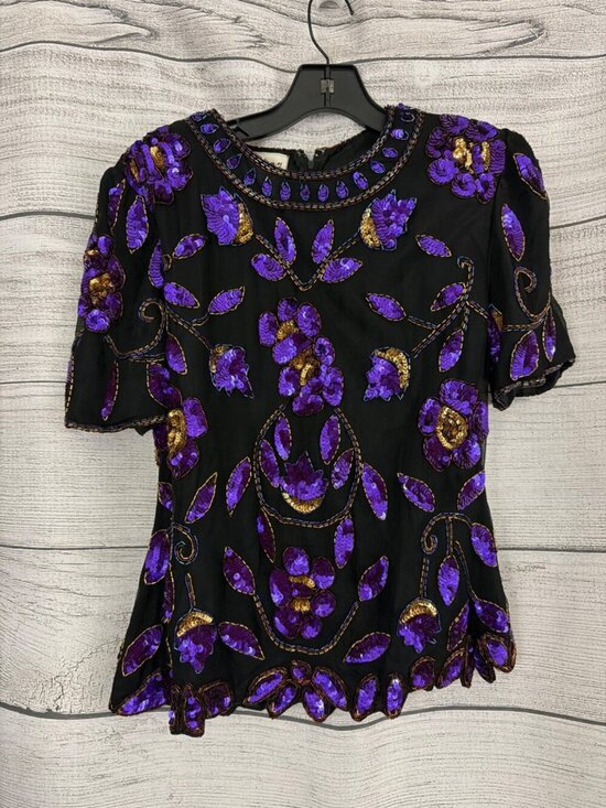 Stenay Tops - Stenay Purple Sequin Beaded Short Sleeve Blouse Top Size M